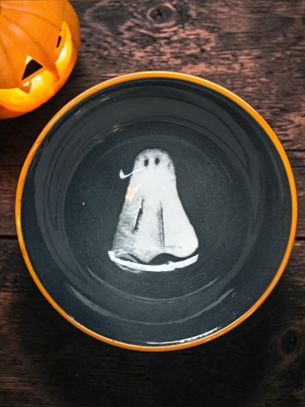 Halloween Ghost Ceramic Bowl - Orange Rim